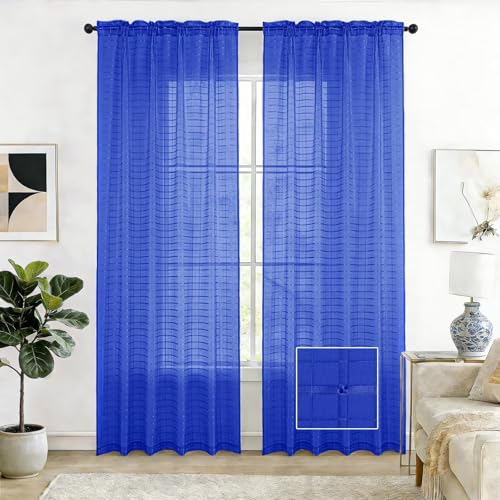 Check Sheer Curtains 63 Inches Long for Living Room (Check - Sapphire / 52"W x 63"L (Pack of 2))