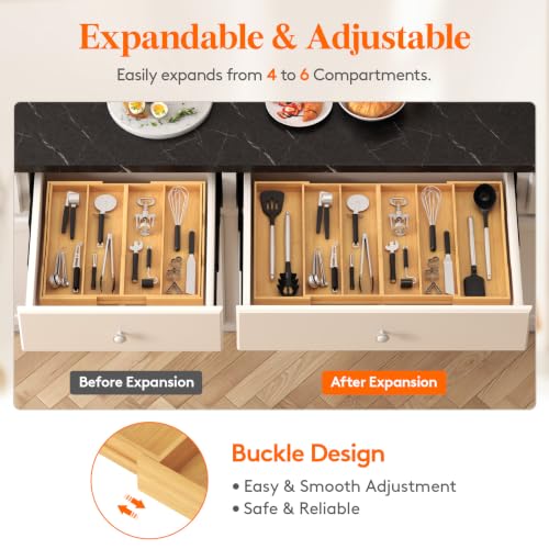 Bamboo Utensil Organizer for Kitchen Drawer (Natural / 17.8~28.3''W x 17'' D)