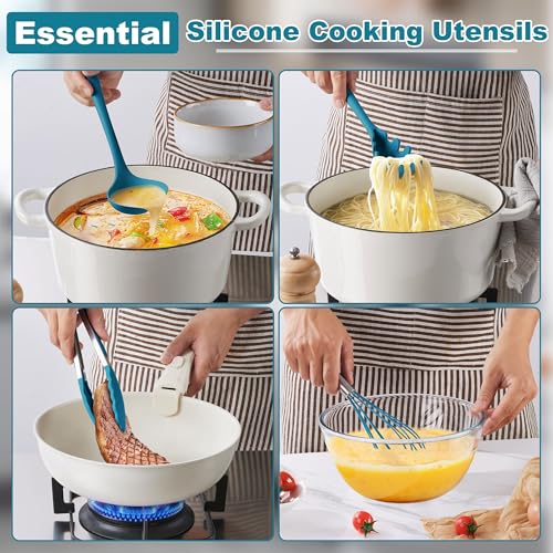 14 Pcs Silicone Kitchen Cooking Utensils Set with Holder (Dark Blue)