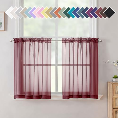 Aiyufneg Small Sheer Tier Curtains Half Kitchen Curtain Sheers (40"W x 24"L (Pack of 2) / Burgundy)