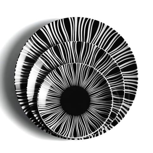 Black and White Striped Ceramic Plates Set of 6 (Black plates with white stripes / 10 inch)