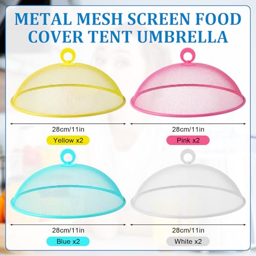 8 Pcs Metal Mesh Food Covers Tent Umbrella 11 Inch (Yellow, White, Pink, Blue)