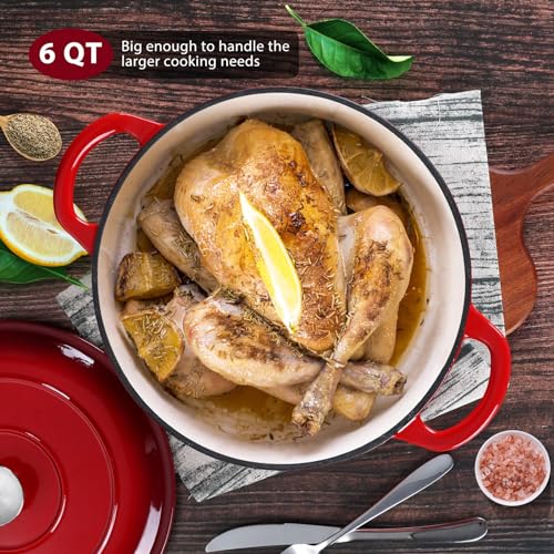 Enameled Cast Iron Dutch Oven with Lid (6 QT-Round / Red)
