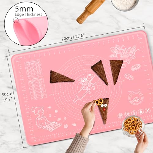 Silicone Pastry Mat 28" x 20" Extra Thick Non Stick Baking Mat with Measurements and Edge Heightening (Pink / 28"L x 20"W)