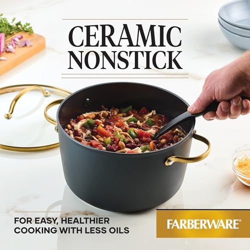 Forged Induction Ceramic Nonstick Cookware Stockpot with Lid (Black and Gold / 6 Quarts)