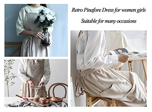 Women Girls Vintage Apron Adjustable Gardening Works Cross Back Cotton (Beige / One Size)