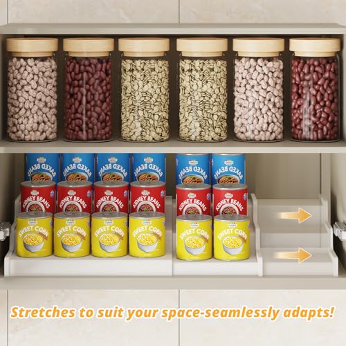 3 Tier Expandable Bamboo Can Organizer for Pantry (12.4"-24"W × 10.8"D × 4.5"H / White)