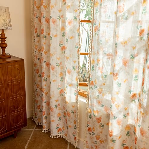 Floral Boho Linen Curtains 84 inch Long 2 Panels Set Farmhouse Vintage Orange Printed Semi Sheer Light Filtering Spring Window Drapes With Tassels Back Tab for Living Room Bedroom (Orange / 50"W x 84"L (Pack of 2))
