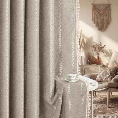 Khaki Brown Boho Blackout Curtains 63 Inch 2 Panels with Tassels (Khaki Brown / 52"W x 63"L (Pack of 2))