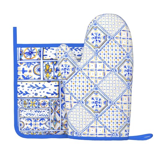 Blue Boho Geometric Silicone Oven Mitts Pan Mats Set of 2 (Black6)