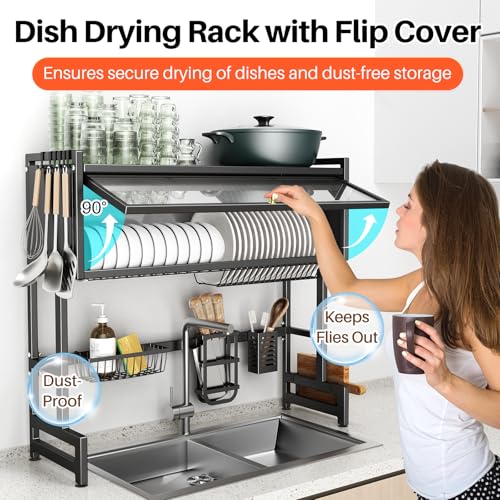 Over The Sink Dish Drainer Drying Rack 3 Tiers with Cover (Black / 37.4in)