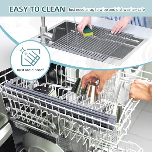 Over Sink Dish Drying Rack Silicone Wrapped 17.6" W x 15.4" L Large Over the Sink Roll Up Dish Drainer (Gray / 17.6"W x 15.4"L)