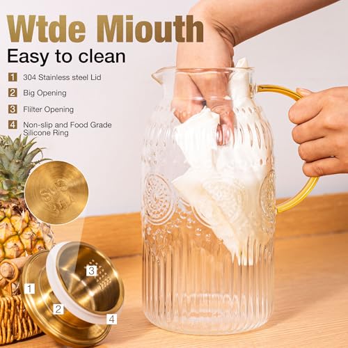 Glass Pitcher with Lid 68oz 2L Vintage Water Carafe Beverage 2Pack (68 Ounces (2 Pack))