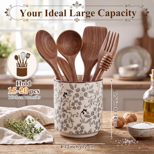 Rustic Ceramic Utensil Holder Grey Floral 5.5" (Grey Floral / 5.5" / Rustic)