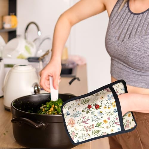 Beige Floral Botanical Pot Holders with Pockets (Wildflower-f)