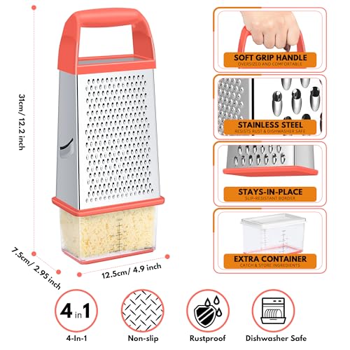 Cheese Grater With Container Box Grater Stainless Steel Kitchen Coral (Coral)