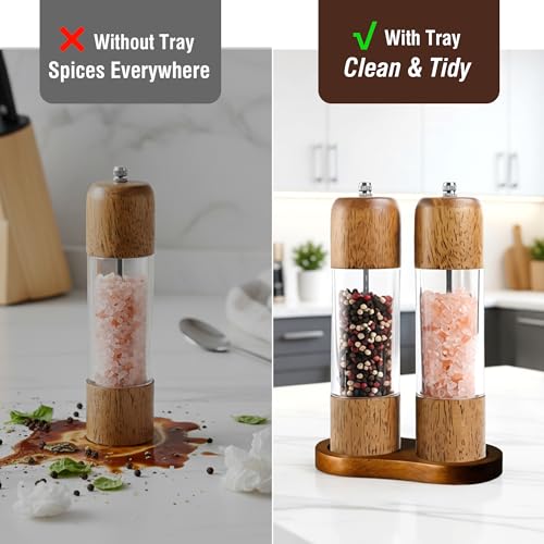 Wooden Salt and Pepper Grinder Set (8 Inches-2 Packs with Tray)