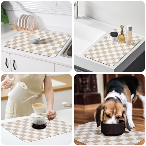 Checkered Dish Drying Mat for Kitchen Counter (Beige / 24" x 16")