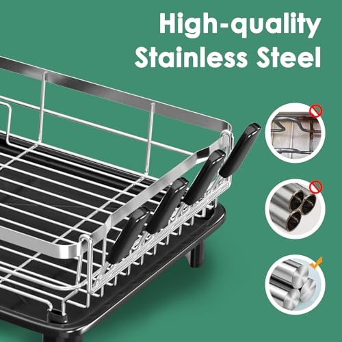 Stainless Steel Dish Drying Rack for Kitchen Counter (Black Silver / 13''W x 17''L)