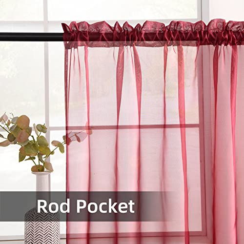 Solid Sheer Rod Pocket Curtain Voile Draperies 2 Panels White Beige Black Grey Coffee 52 Inch Width 63 Inch Long 1 Pair for Kitchen Bedroom Children Living Room Yard (Wine Red / 52"W x 63"L (Pack of 2))