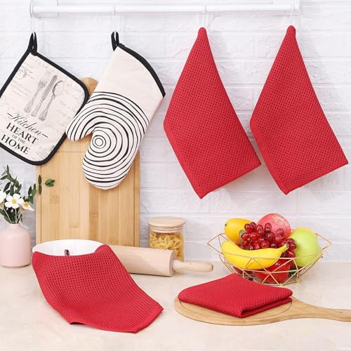 100% Cotton Waffle Weave Kitchen Dish Cloths 18 (Red / 12 X 12 - 18 Pack)