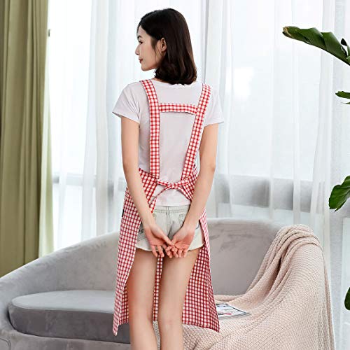 100% Cotton Cute Plaid Apron with Pockets (#2 Korean Red & White Gingham Cat)