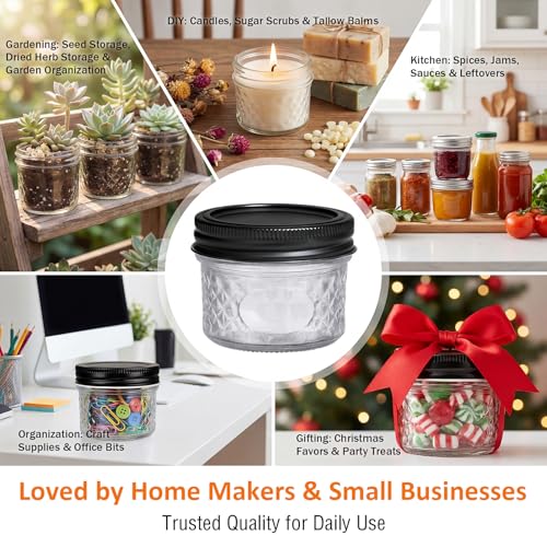 4oz Clear Glass Mini Mason Jars (4oz - Diamond Appearance - Split Black Lid)