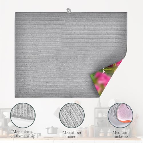 Pink Roses Flowers Dish Drying Mat for Kitchen Counter Decor (Pink Roses Flowers Butterflies)