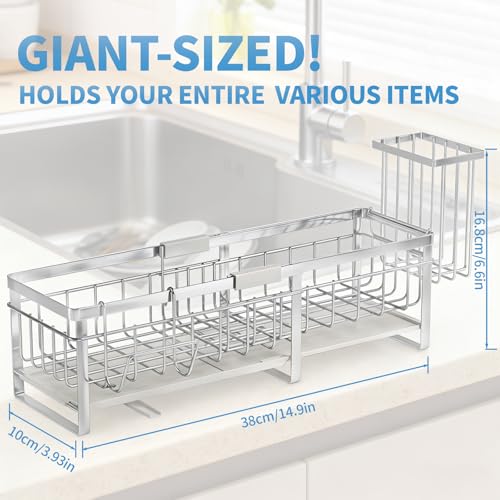 Extra Large Extendable Sponge Holder for Kitchen Sink Caddy Organizer (Stainless Steel)