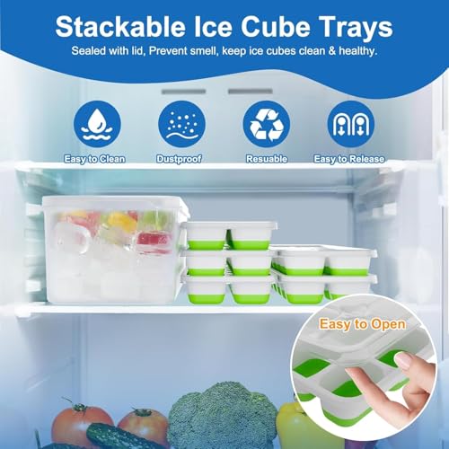 Ice Cube Trays with Lids for Freezer (Green+ White / 4 Pack)