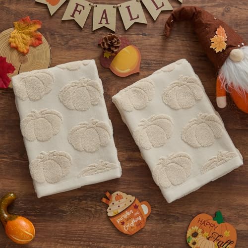 Fall Hand Towels 13.7x29.5 inch Set of 2 Autumn Thanksgiving 3D Beige Pumpkin Reversible Soft Absorbent Decorative Towels for Bathroom Kitchen Bar MJ03B (Beige Pumpkin / 13.7'' x 29.5'')