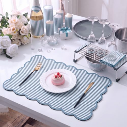 Blue Ticking Stripe Scalloped Coffee Mat 12" x 20" Bar Mat (Blue / Ticking Stripe)