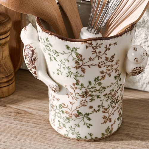 6.34'H Utensil Holder for Kitchen Counter (Green and Beige- 2 Birds)