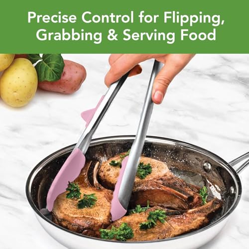 Tongs With Silicone Tips Easy Grip 13" Long Kitchen Tongs Stainless Steel Handle For Cooking (Pink Sorbet)