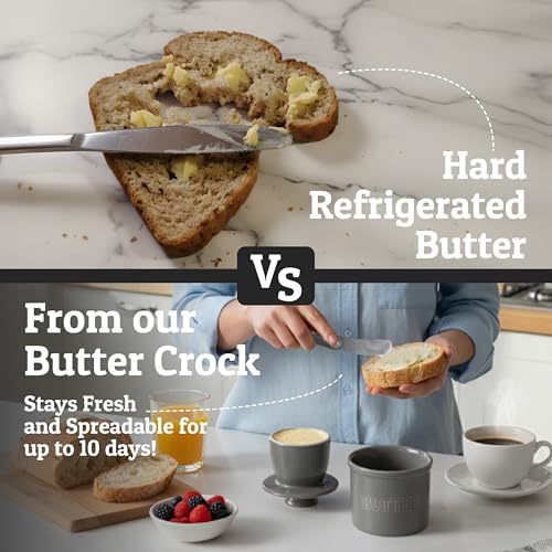 Butter Crock with Lid for Countertop with Spreader Knife and Water Line (Gray / Regular)