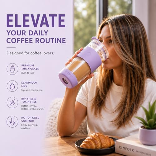 19 oz Clear Double Wall Borosilicate Glass Coffee Tumbler (Lavender)