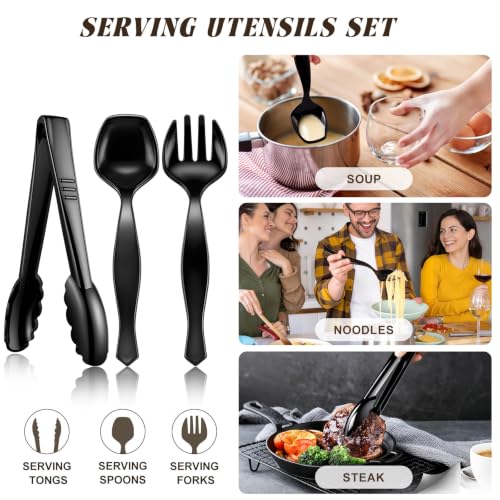 Plastic Serving Utensils Set Disposable Tongs Spoons for Buffet (Black / 18Pcs-Style 2)