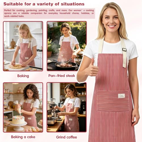 Aprons For women With Pockets Aprons For Soft Apron With An Adjustable Neck Strap (Fine Green Stripes + Fine Red.)