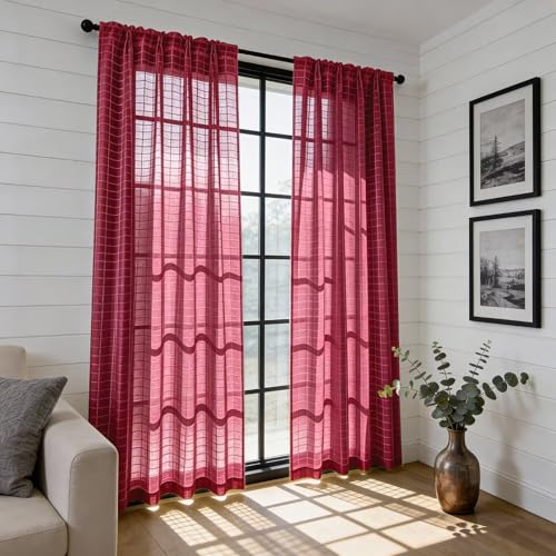 Check Sheer Curtains 63 Inches Long for Living Room (Check - Burgundy / 52"W x 63"L (Pack of 2))