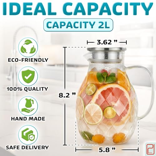 Borosilicate Glass Pitcher with Lid & Spout (2 Liter/68 oz)