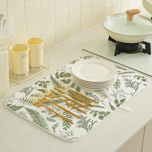 Sage Green Herb Leaves Dish Drying Mat 18 x 24 Inch Vintage Sage Green Leaf Plant Drying Mat for Kitchen Counter Absorbent Spring Summer Botanical Dishes Dry Pad for Drainer Rack Kitchen Fast Dry (Sage Green Leaf / 18" x 18")