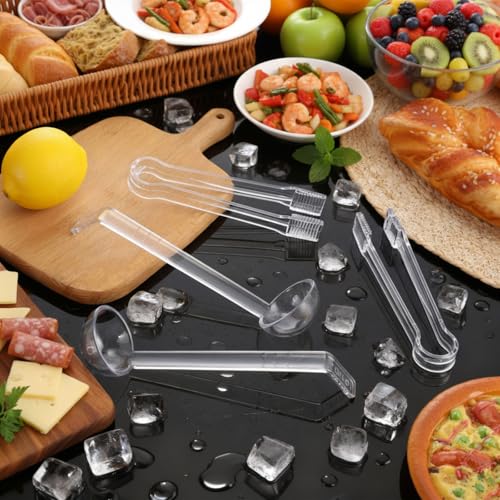 6 Pieces Plastic Serving Utensils Set Including 3 Pcs 1 oz Small Ladle and 3 Pcs Tong Acrylic Long Handle Ladle for Serving Sauce (Clear)