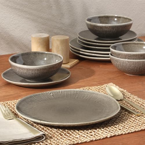Sandy Pines Stoneware Plates and Bowls Set (Brown (Sandy Pines) / Service for 4 (12pcs))