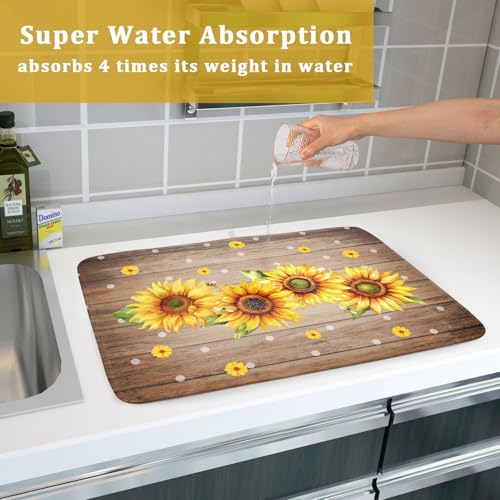 Summer Sunflower Bee Dish Drying Mat for Kitchen Counter (18" x 24")