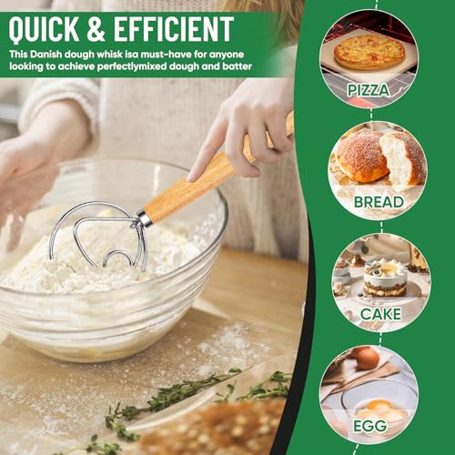 Danish Dough Whisk Stainless Steel Wood Handle for Sourdough Bread (Silver)