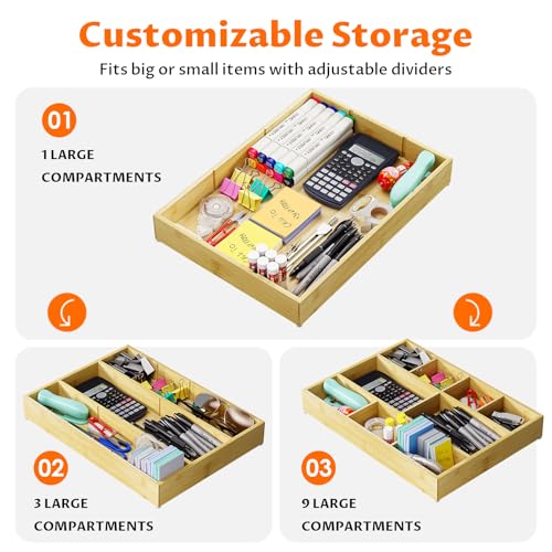 Bamboo Drawer Organizer with 9 Adjustable Compartments (9 Compartments)