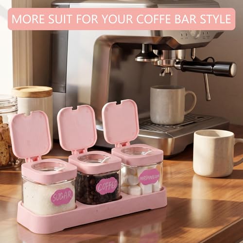 3 Pcs Glass Coffee Container with Shelf (Pink)