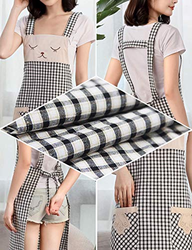 100% Cotton Cute Plaid Apron with Pockets (#2 Korean Black & White Gingham Cat)