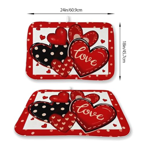 Valentines Dish Drying Mat 18x24 Inch Black Red Hearts Dish Drainer Protector Pad for Kitchen Counter Absorbent Holiday Love Drying Pad for Drainer Rack Kitchen Fast Dry (Love / 18" x 18")