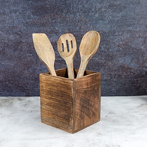 Mango Wood Burning Finished Kitchen Utensil Holder for Countertop
